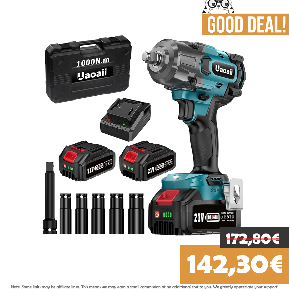  Uaoaii Cordless Brushless Impact Wrench 1/2" 1000 Nm, Electric Impact Wrench with 4000 mAh Battery, Impact Screwdriver Adapter, 5 Sockets Included, Power and Ease